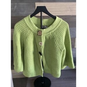 Chunky Cropped Ladies Knit Sweater Cardigan Size Large In Lime Green 100% Cotton